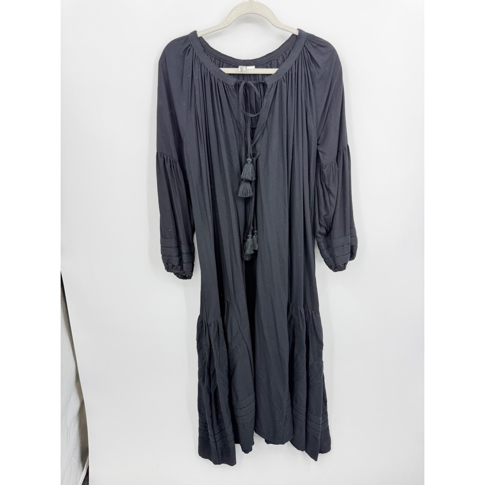 And Andrea Boho Tassel Midi Dress Womens XXS-S Black Embroidered Balloon Sleeve